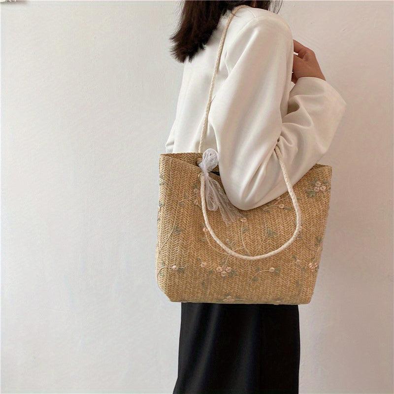 Straw Beach Tote Bag Floral Summer Handbag Women's Daily Shoulder Bag
