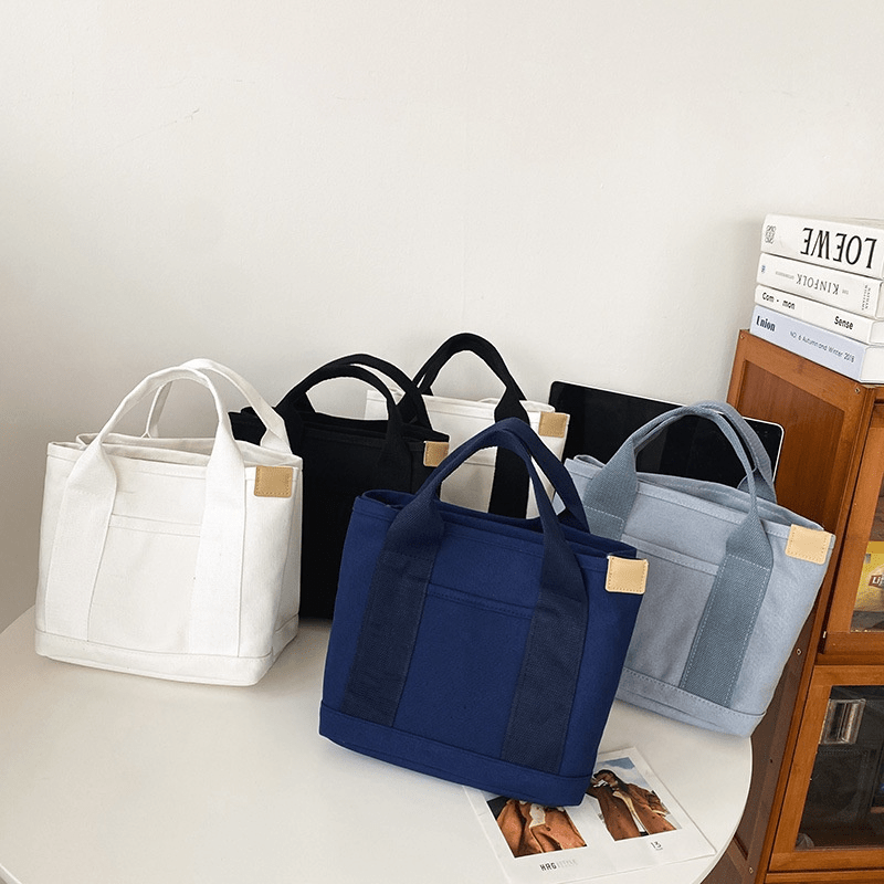 Mini Canvas Bucket Handbag Solid Satchel Bag With Pocket Patch