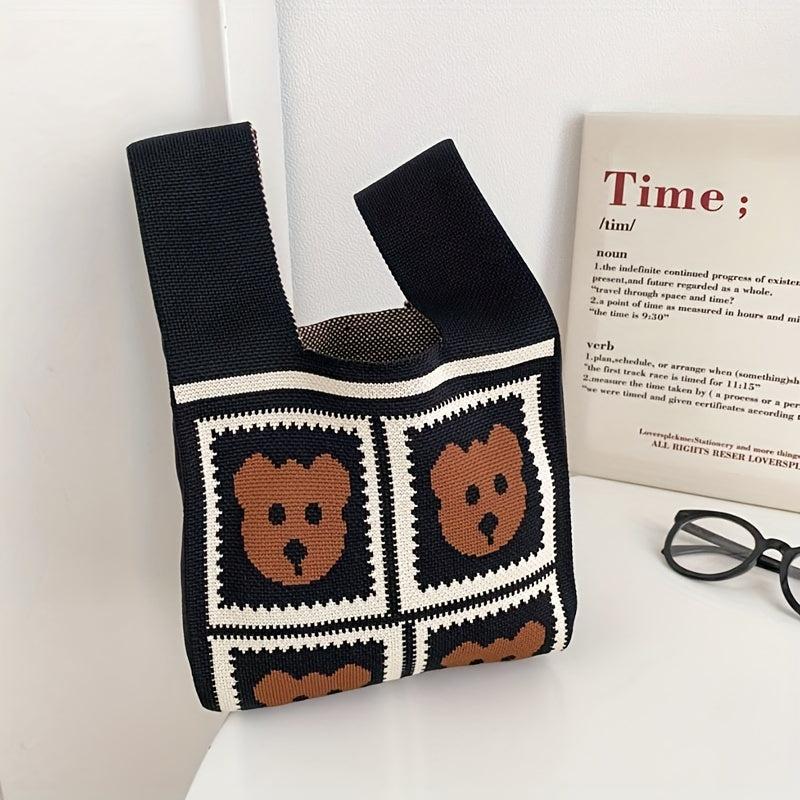 Cartoon Bear Pattern Colorblock Knitted Bag Crochet Storage Bag Lightweight