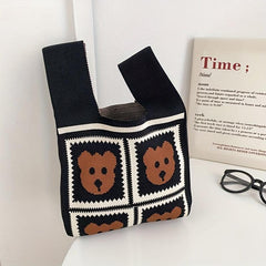 Cartoon Bear Pattern Colorblock Knitted Bag Crochet Storage Bag Lightweight