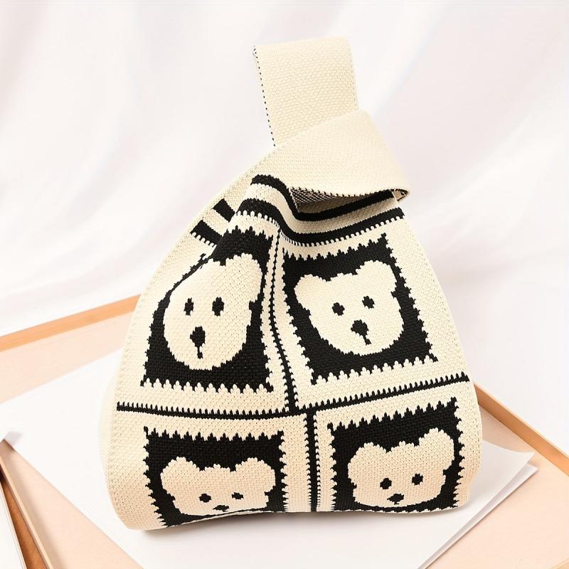 Cartoon Bear Pattern Colorblock Knitted Bag Crochet Storage Bag Lightweight