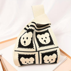 Cartoon Bear Pattern Colorblock Knitted Bag Crochet Storage Bag Lightweight
