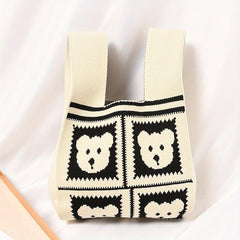 Cartoon Bear Pattern Colorblock Knitted Bag Crochet Storage Bag Lightweight