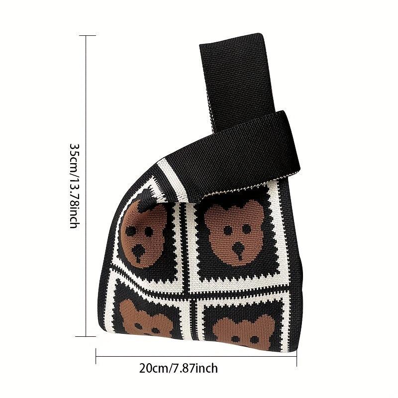 Cartoon Bear Pattern Colorblock Knitted Bag Crochet Storage Bag Lightweight