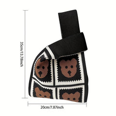 Cartoon Bear Pattern Colorblock Knitted Bag Crochet Storage Bag Lightweight