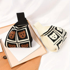 Cartoon Bear Pattern Colorblock Knitted Bag Crochet Storage Bag Lightweight