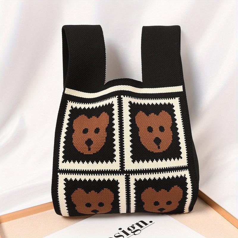 Cartoon Bear Pattern Colorblock Knitted Bag Crochet Storage Bag Lightweight