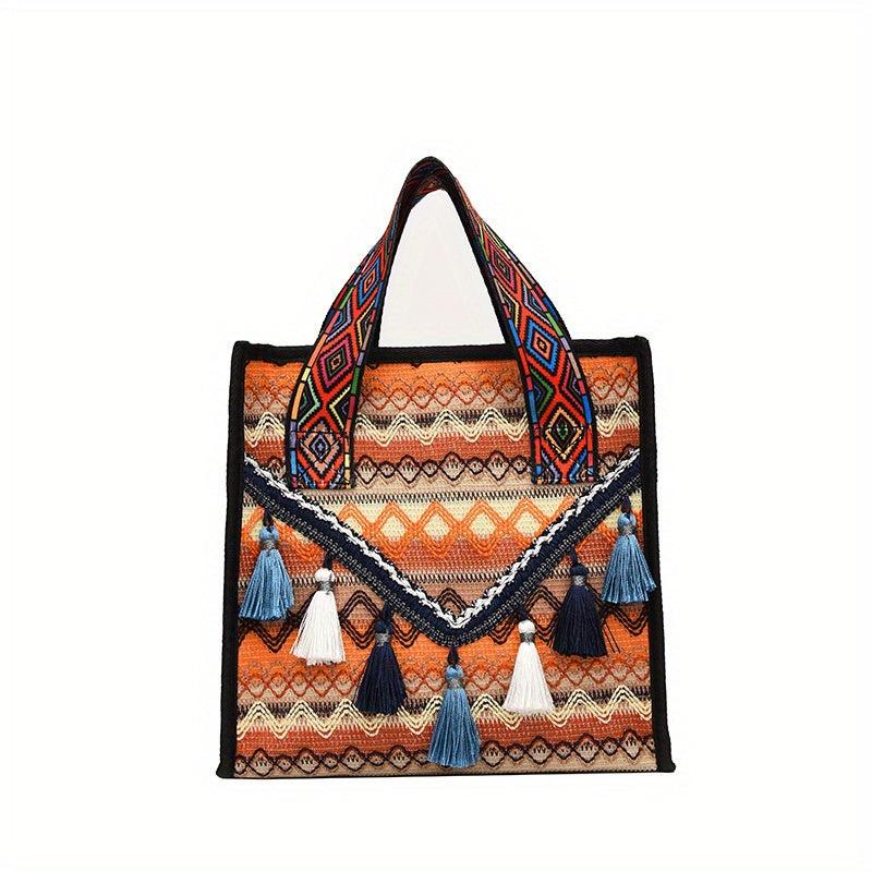 Bohemian Tassel Decor Tote Bag Ethnic Style Canvas Handbag Zipper Purse