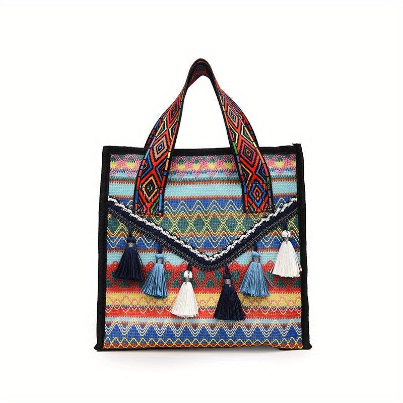 Bohemian Tassel Decor Tote Bag Ethnic Style Canvas Handbag Zipper Purse