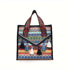 Bohemian Tassel Decor Tote Bag Ethnic Style Canvas Handbag Zipper Purse
