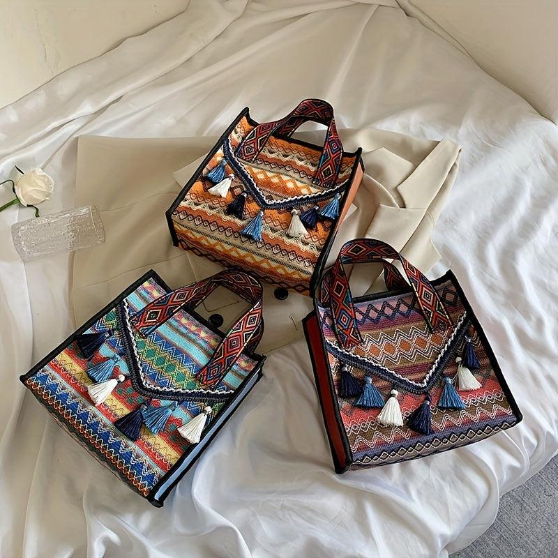 Bohemian Tassel Decor Tote Bag Ethnic Style Canvas Handbag Zipper Purse