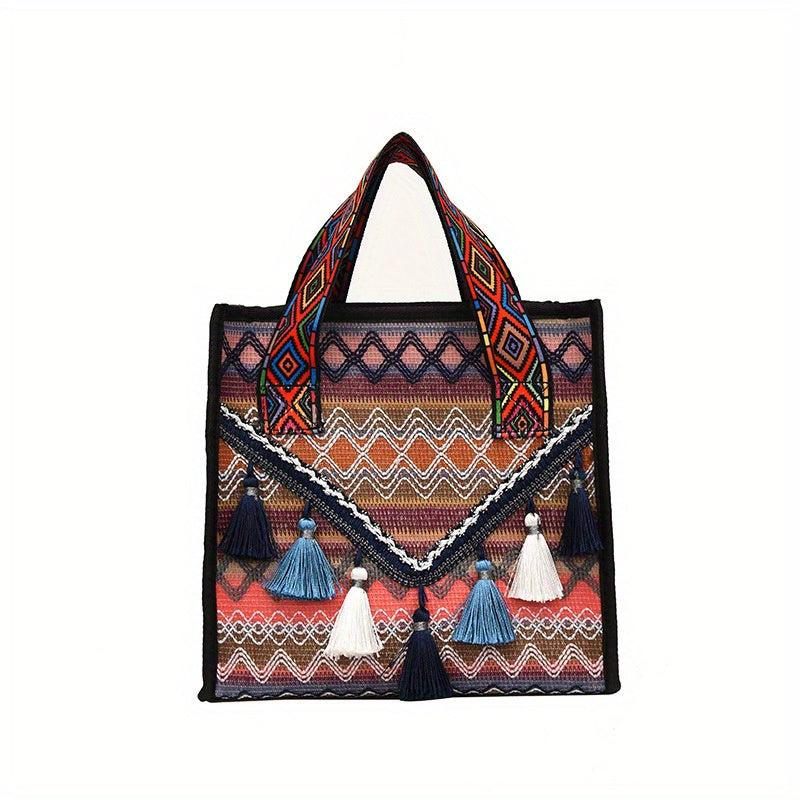 Bohemian Tassel Decor Tote Bag Ethnic Style Canvas Handbag Zipper Purse