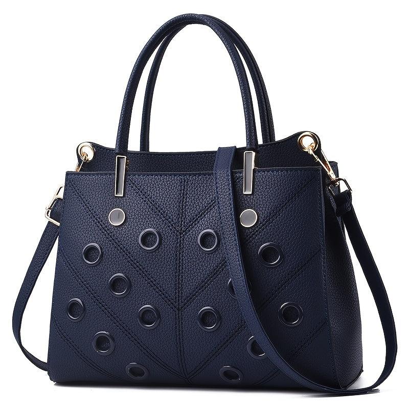 Metal Hole Decor Stitch Detail Crossbody Bag Top Handle Purse