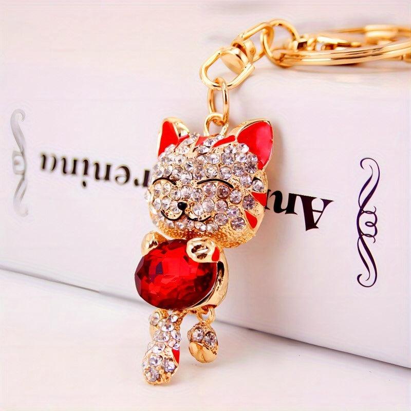 Lucky Cat Rhinestone Keychain - Women's Bag Accessory