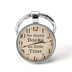 Books Time Gemstone Keychain Silvery Metal Keyring Charm