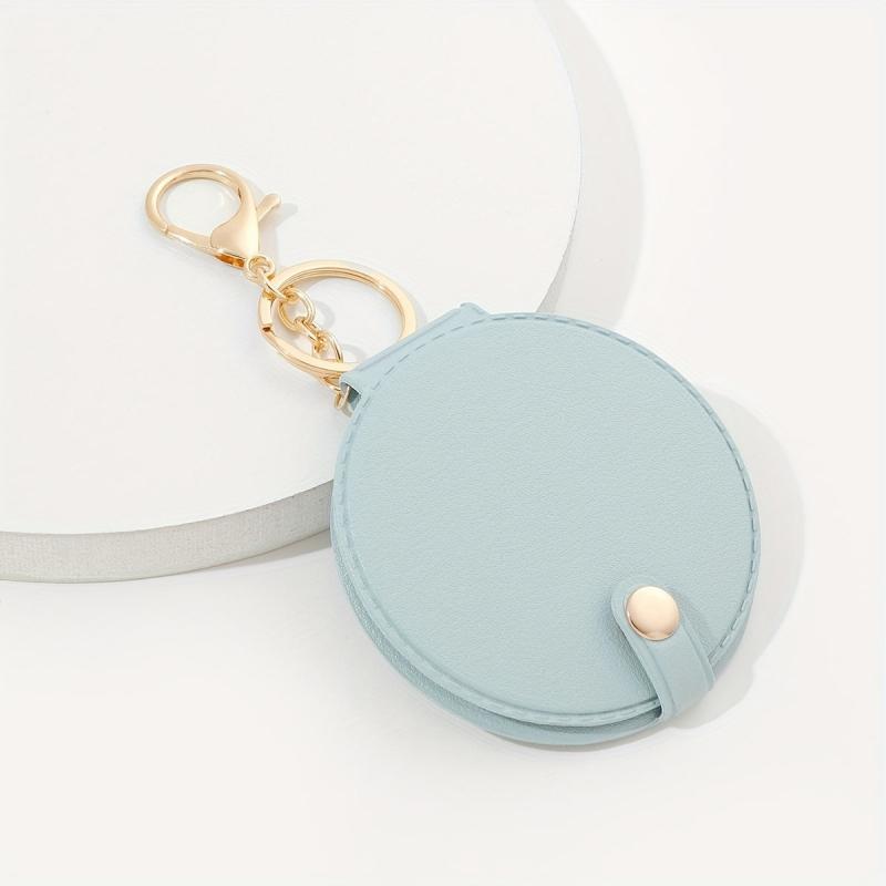Makeup Mirror Keychain Round Leather Key Chain Pendant Bag Purse Accessories