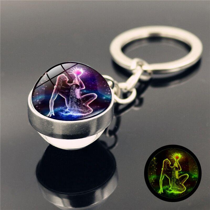 12 Constellations Neon Double sided Glass Ball Keychain Car Accessory