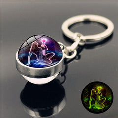 12 Constellations Neon Double sided Glass Ball Keychain Car Accessory