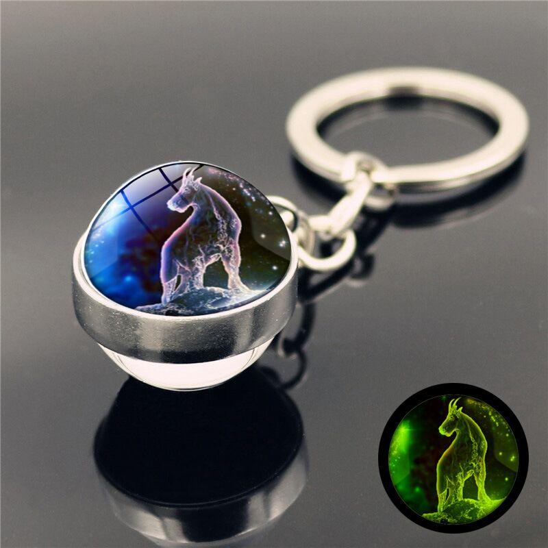 12 Constellations Neon Double sided Glass Ball Keychain Car Accessory