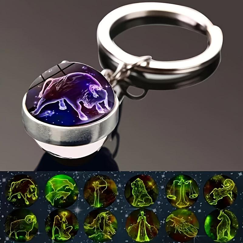 12 Constellations Neon Double sided Glass Ball Keychain Car Accessory