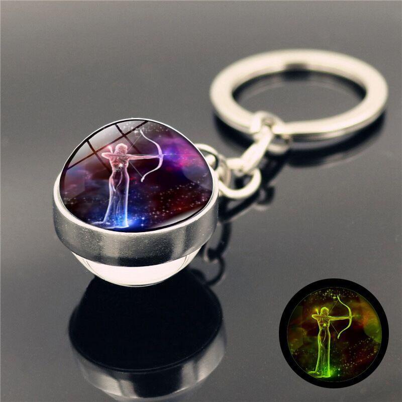 12 Constellations Neon Double sided Glass Ball Keychain Car Accessory
