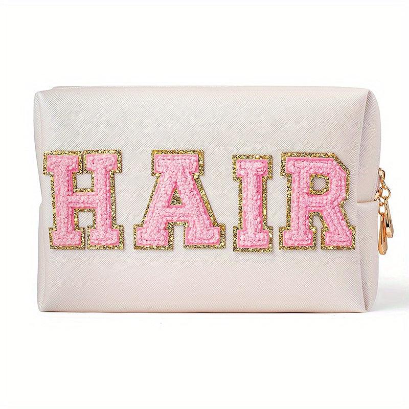 Plush Letter Patched Makeup Pouch Zipper Cosmetic Bag
