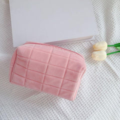 Plush Grid Quilted Cosmetic Bag Travel Storage Makeup Organizer