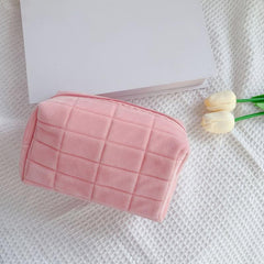 Plush Grid Quilted Cosmetic Bag Travel Storage Makeup Organizer