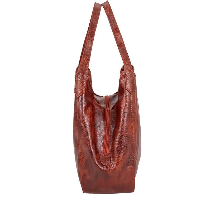 Large Capacity Tote Bag Soft Faux Leather Zipper Handbag