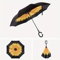 Reversed Umbrella Straight Rod Sun Rain Dual use C Handle Handsfree