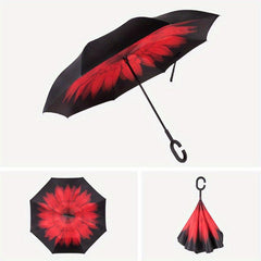 Reversed Umbrella Straight Rod Sun Rain Dual use C Handle Handsfree