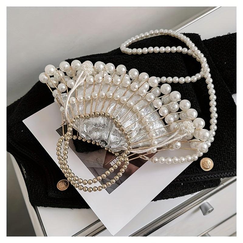 Fan Shaped Niche Hollow Bag Woven Faux Pearl Metal Dinner Bag