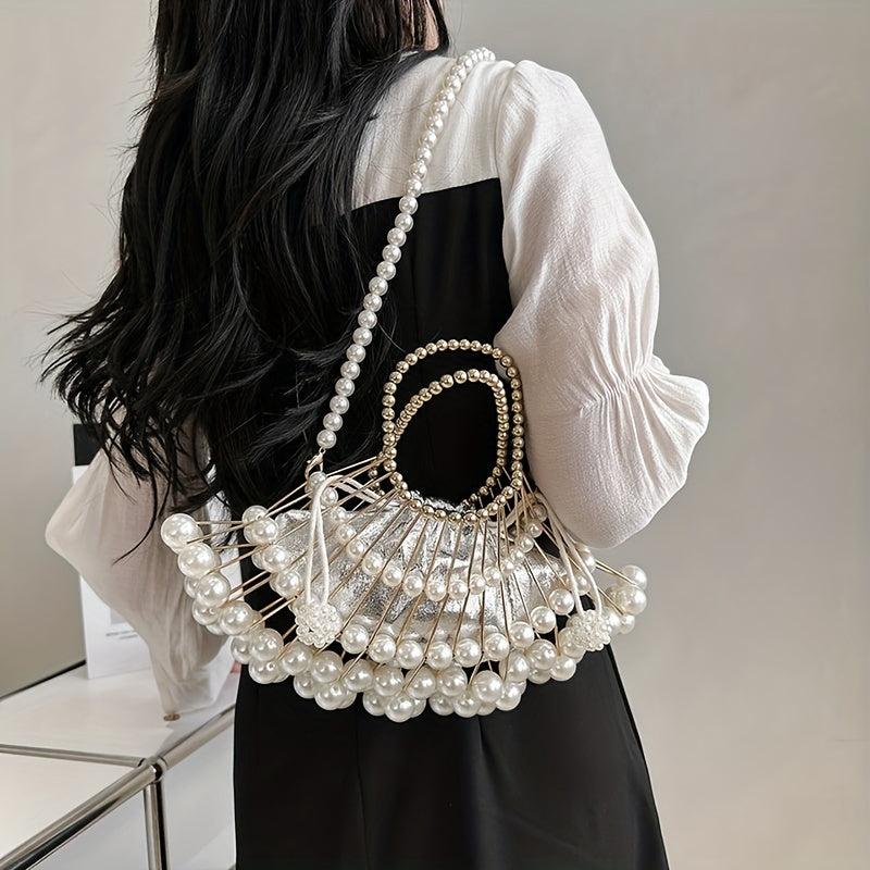Fan Shaped Niche Hollow Bag Woven Faux Pearl Metal Dinner Bag
