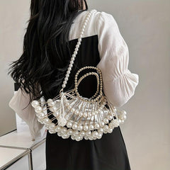 Fan Shaped Niche Hollow Bag Woven Faux Pearl Metal Dinner Bag