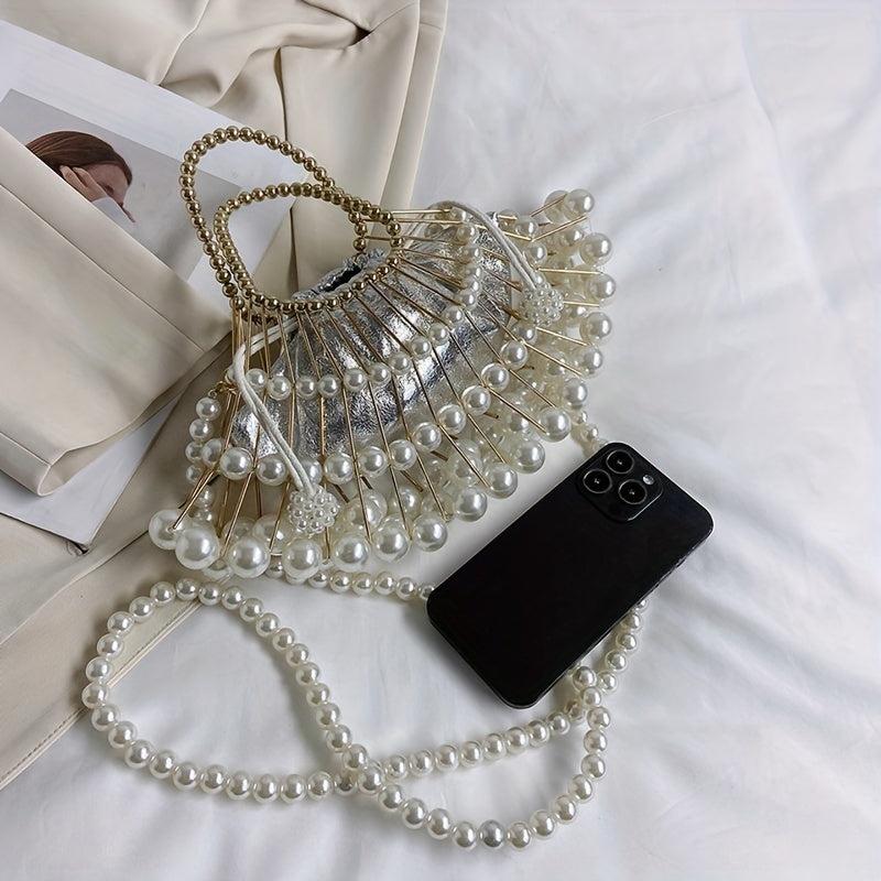 Fan Shaped Niche Hollow Bag Woven Faux Pearl Metal Dinner Bag
