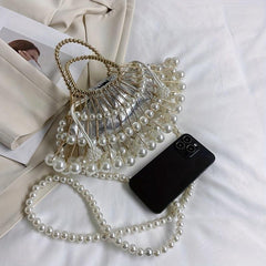 Fan Shaped Niche Hollow Bag Woven Faux Pearl Metal Dinner Bag