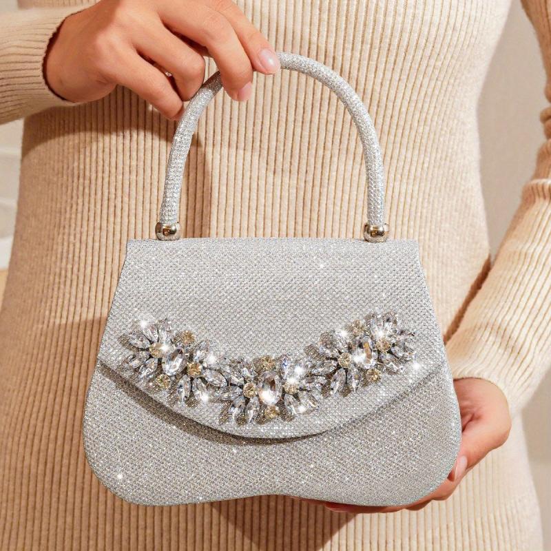 Glitter Flower Rhinestone Evening Satchel Bag for Party