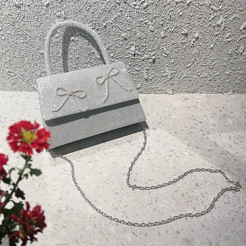 Rhinestone Bow Chain Satchel Bag Textured PU Flap Celebrity Evening Bag