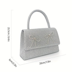 Rhinestone Bow Chain Satchel Bag Textured PU Flap Celebrity Evening Bag