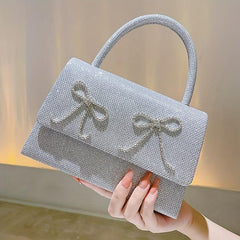 Rhinestone Bow Chain Satchel Bag Textured PU Flap Celebrity Evening Bag