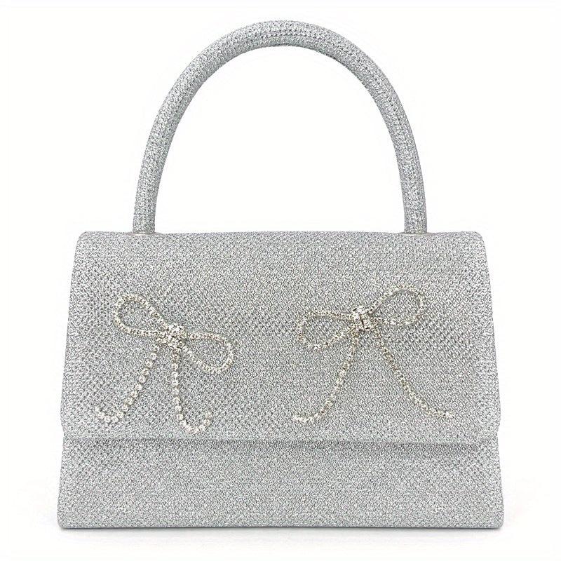 Rhinestone Bow Chain Satchel Bag Textured PU Flap Celebrity Evening Bag