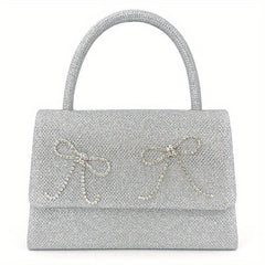 Rhinestone Bow Chain Satchel Bag Textured PU Flap Celebrity Evening Bag