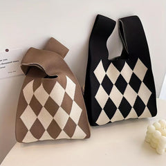 Rhombus Contrast Woven Handbag Fabric Crochet Niche Tote Bag
