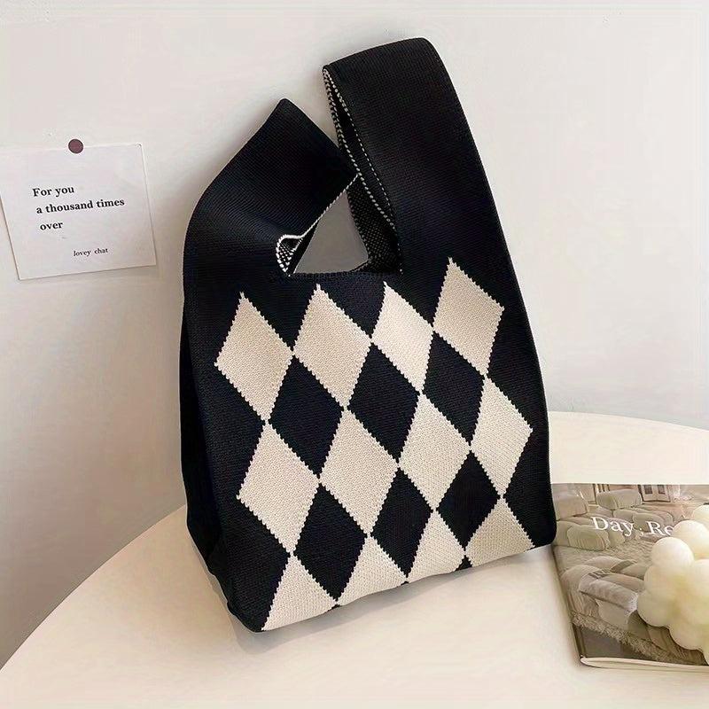 Rhombus Contrast Woven Handbag Fabric Crochet Niche Tote Bag