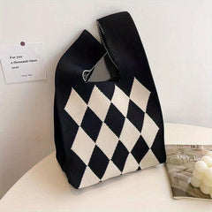 Rhombus Contrast Woven Handbag Fabric Crochet Niche Tote Bag