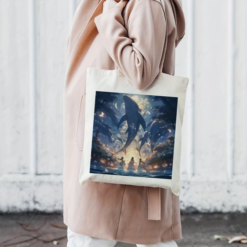 Dolphin Anime Pattern Canvas Bag Lightweight Shopping Grocery Bag