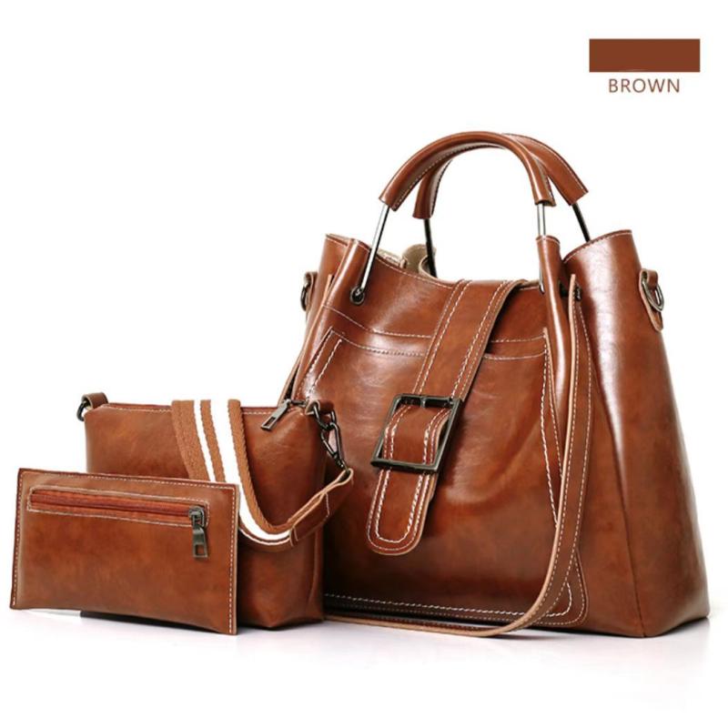 3pcs Vintage Style Tote Bag Set PU Leather Handbag Crossbody Bag & Card Bag