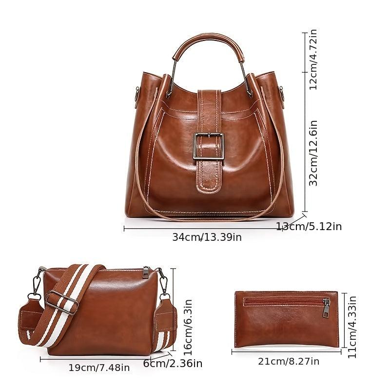 3pcs Vintage Style Tote Bag Set PU Leather Handbag Crossbody Bag & Card Bag