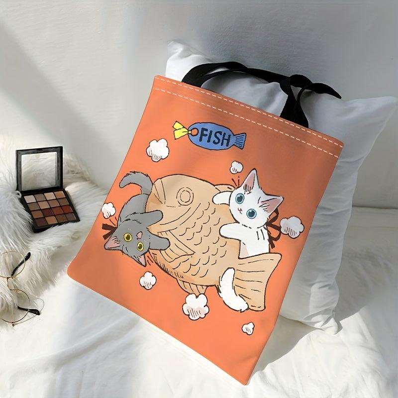 Cat And Fish Print Canvas Tote Bag Large Travel Beach Shoulder Bag