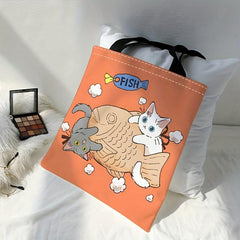 Cat And Fish Print Canvas Tote Bag Large Travel Beach Shoulder Bag